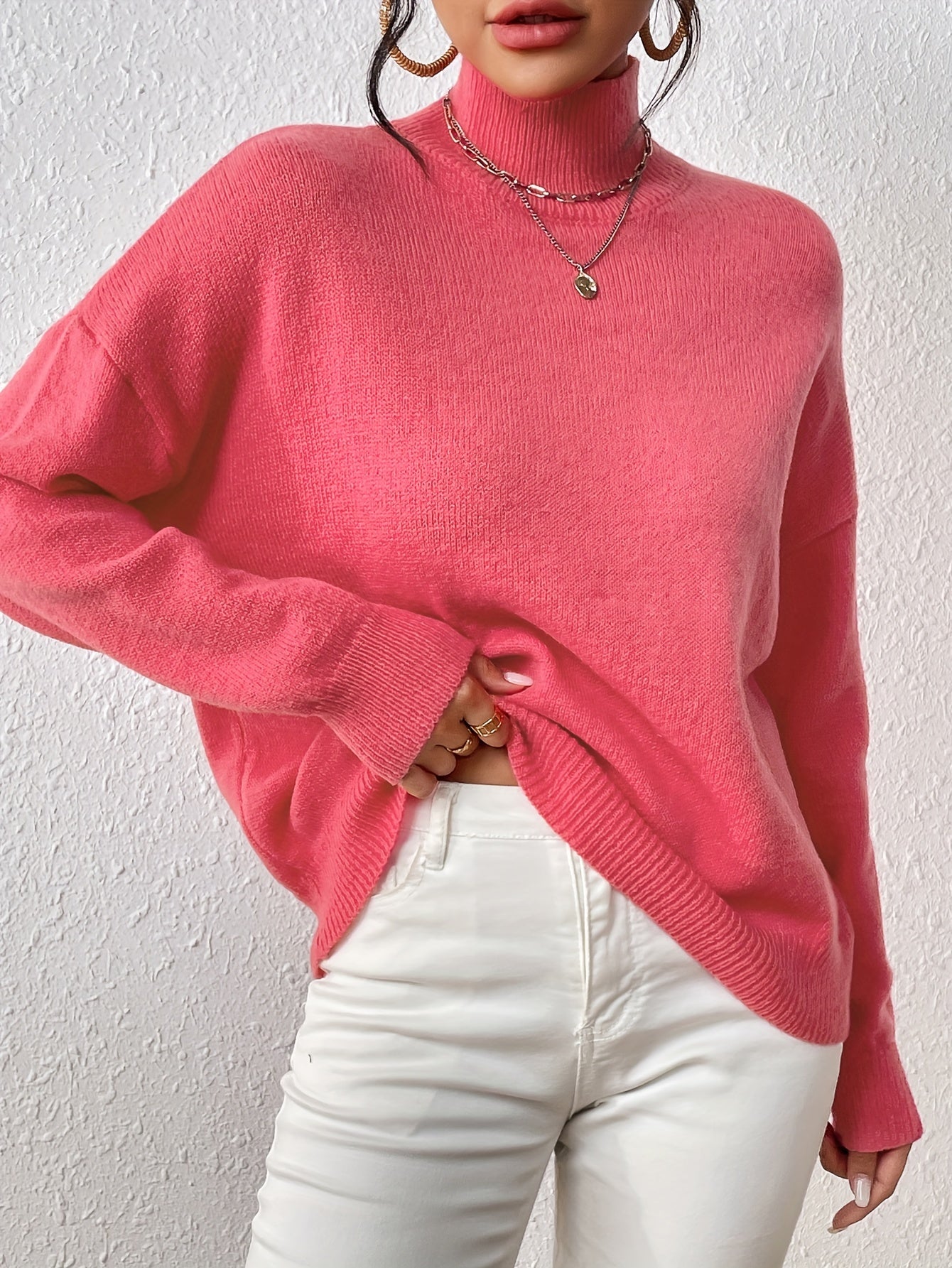 Casual Sweater Women's Plus Solid Long Sleeve High Neck Jumper