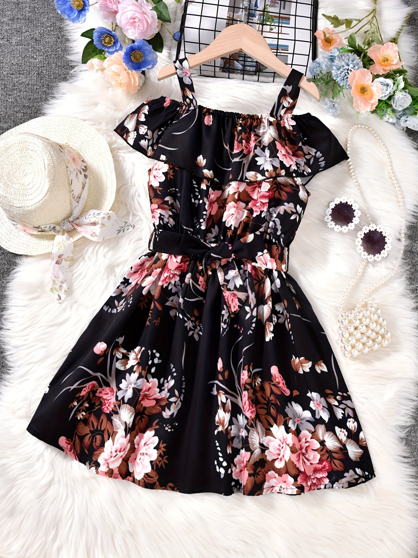 Girls Off Shoulder Ruffle Trim Flowers Print Belted Princess Dress