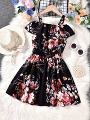 Girls Off Shoulder Ruffle Trim Flowers Print Belted Princess Dress