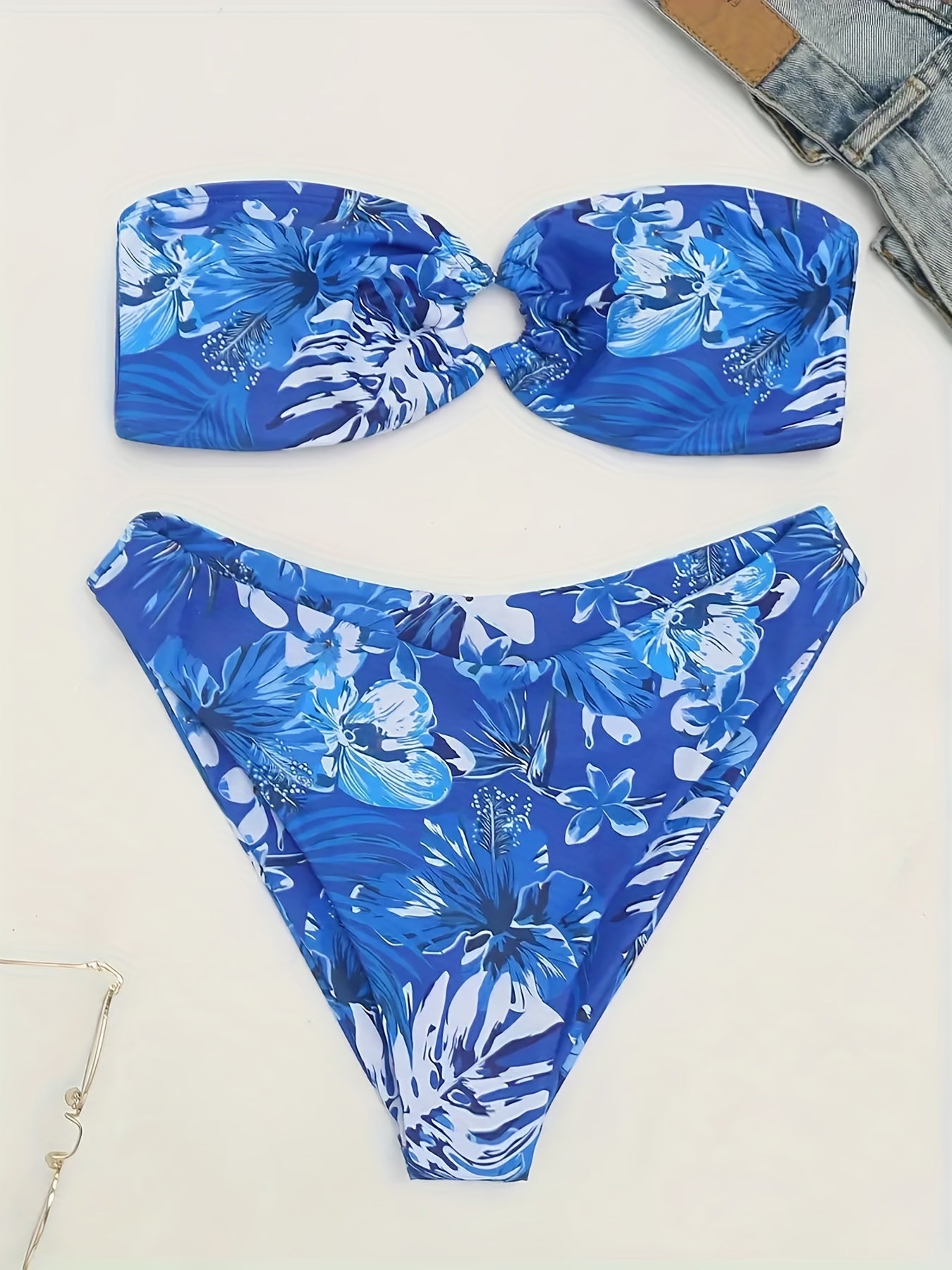 Tropical Floral Print Bikini Set Bandeau Swimsuit