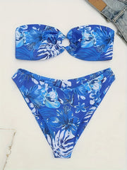 Tropical Floral Print Bikini Set Bandeau Swimsuit