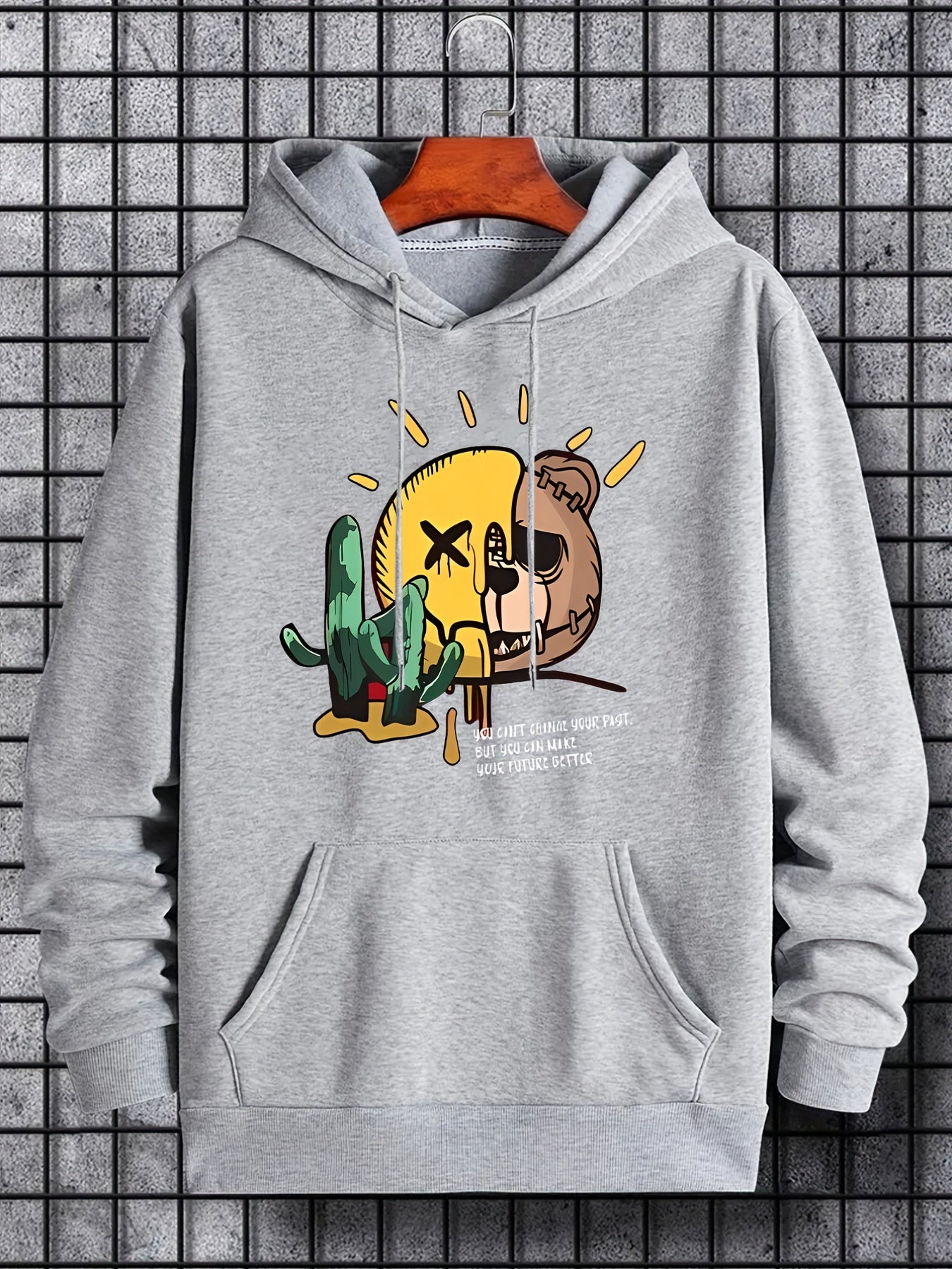 Smile & Teddy Bear Print Hoodie Men's Pullover Sweatshirt