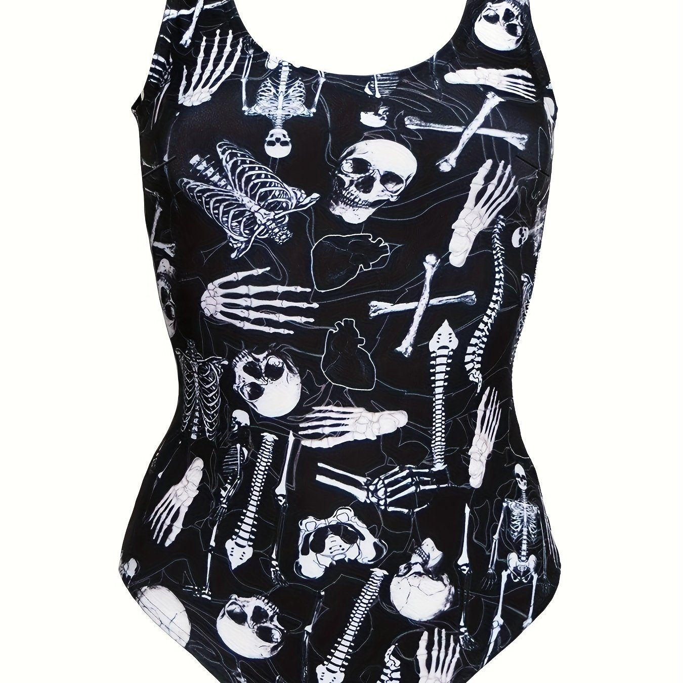 Skeleton Print Round Neck One Piece Bathing Suit