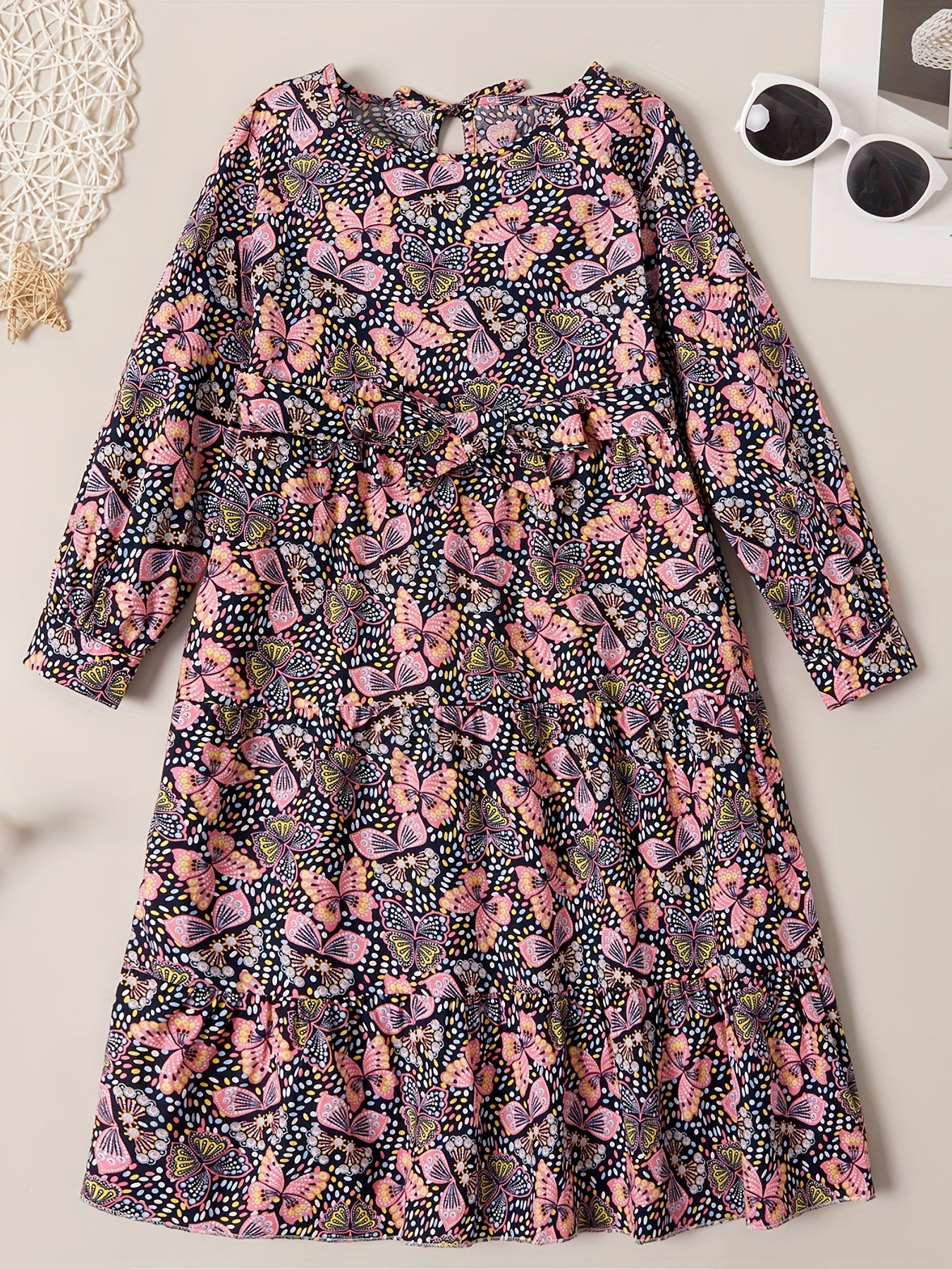 Girl's Butterfly Allover Graphic Long Sleeve Dress For Party