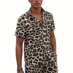 Leopard Print Men's 2Pcs Outfits Camp Collar Button Up Shirt & Shorts Set