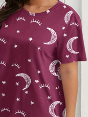 Eyelash & Moon Print Nightdress Short Sleeve Round Neck Sleep Dress