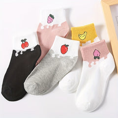 5 Pairs Cartoon Fruit Print Socks Ribbed Short Stockings