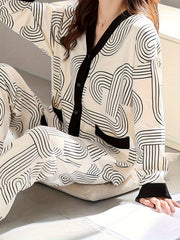 Geometric Print Pajama Set with Long Sleeve Top & Elastic Waistband Pants