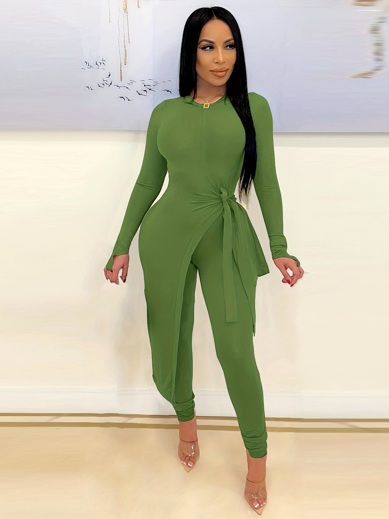 Solid Casual 2pc Set Asymmetrical Knotted Tops & High Waist Pants