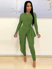 Solid Casual 2pc Set Asymmetrical Knotted Tops & High Waist Pants