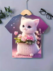 Sweet Flower & Kitty Tee Girls Short Sleeve Summer Clothes Gift