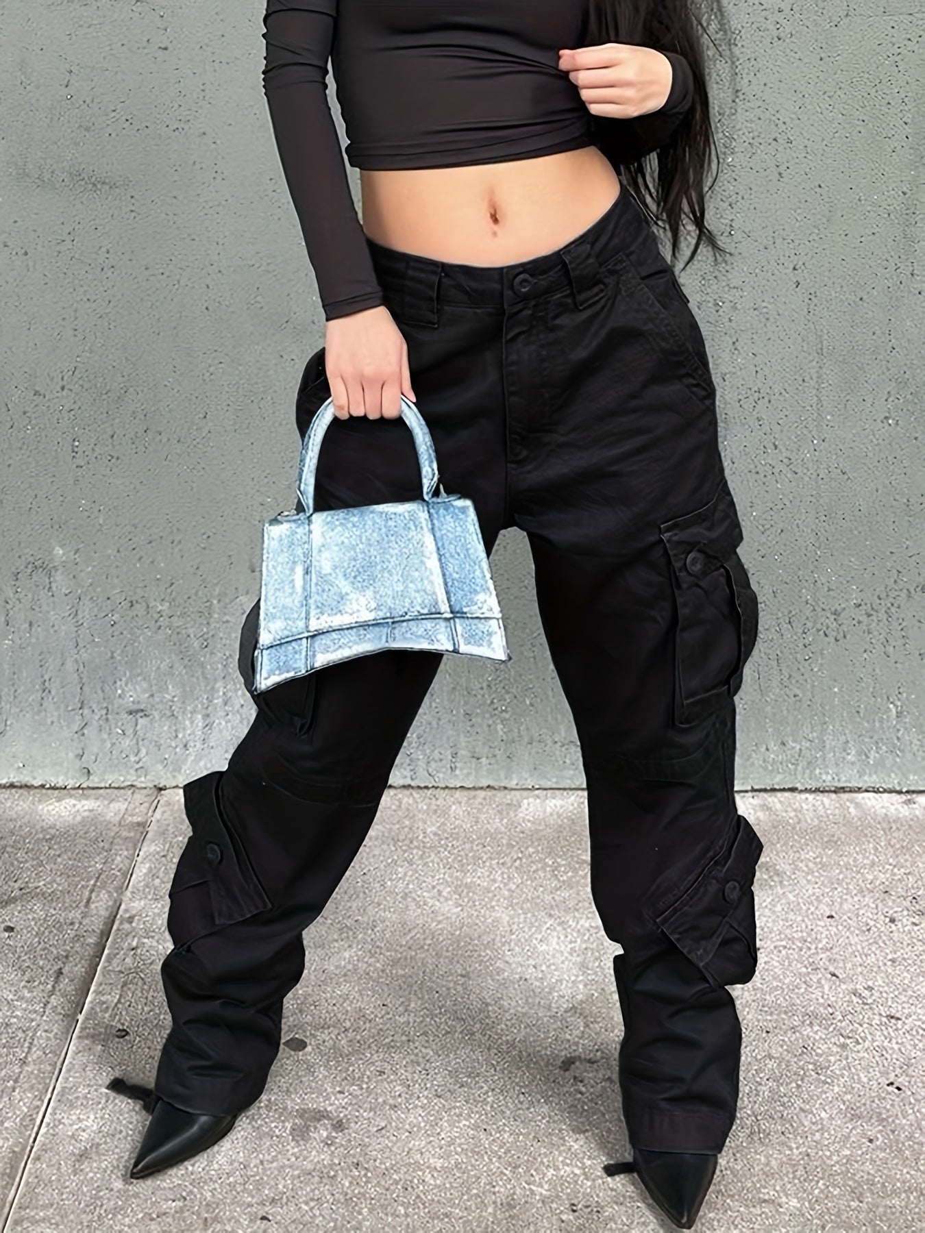Dark Gray Cargo Pants Relaxed Fit Straight Leg Jeans Y2K Vintage Style