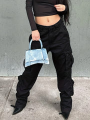 Dark Gray Cargo Pants Relaxed Fit Straight Leg Jeans Y2K Vintage Style