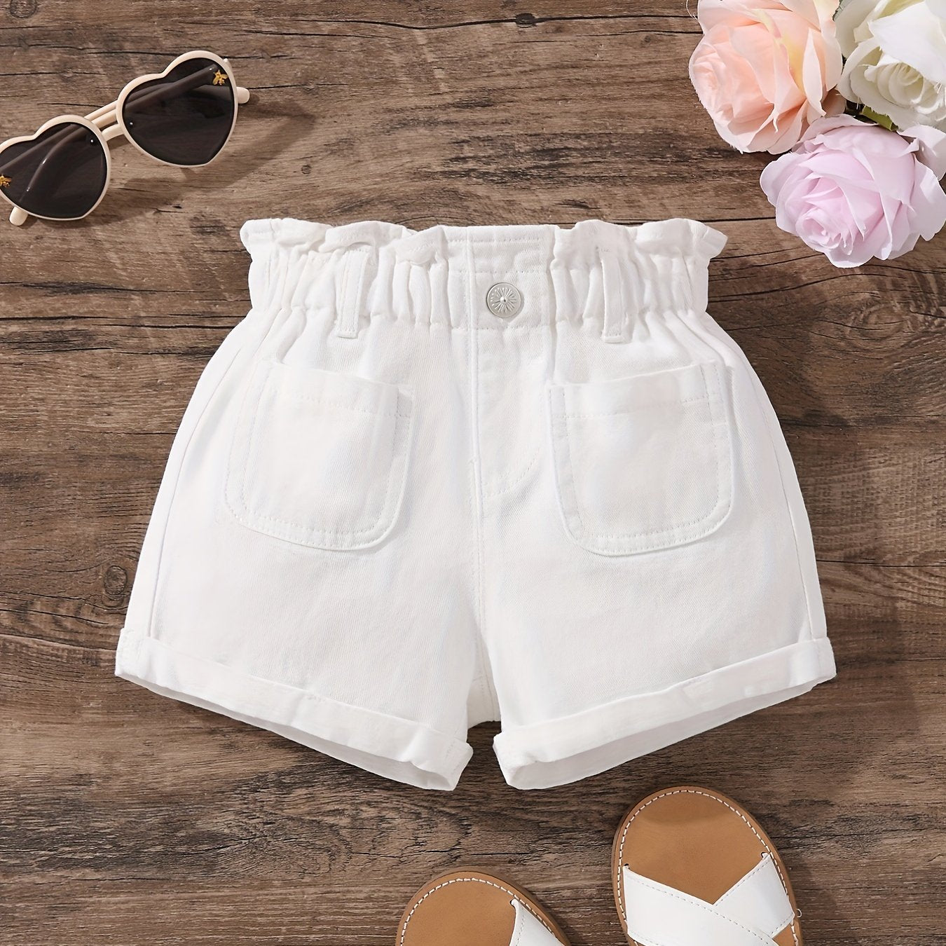 Girls' Elastic Waist Pleated Denim Shorts, Summer Outerwear