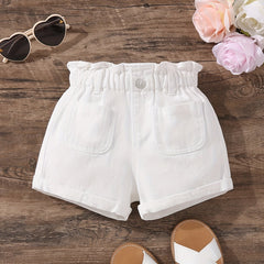 Girls' Elastic Waist Pleated Denim Shorts, Summer Outerwear