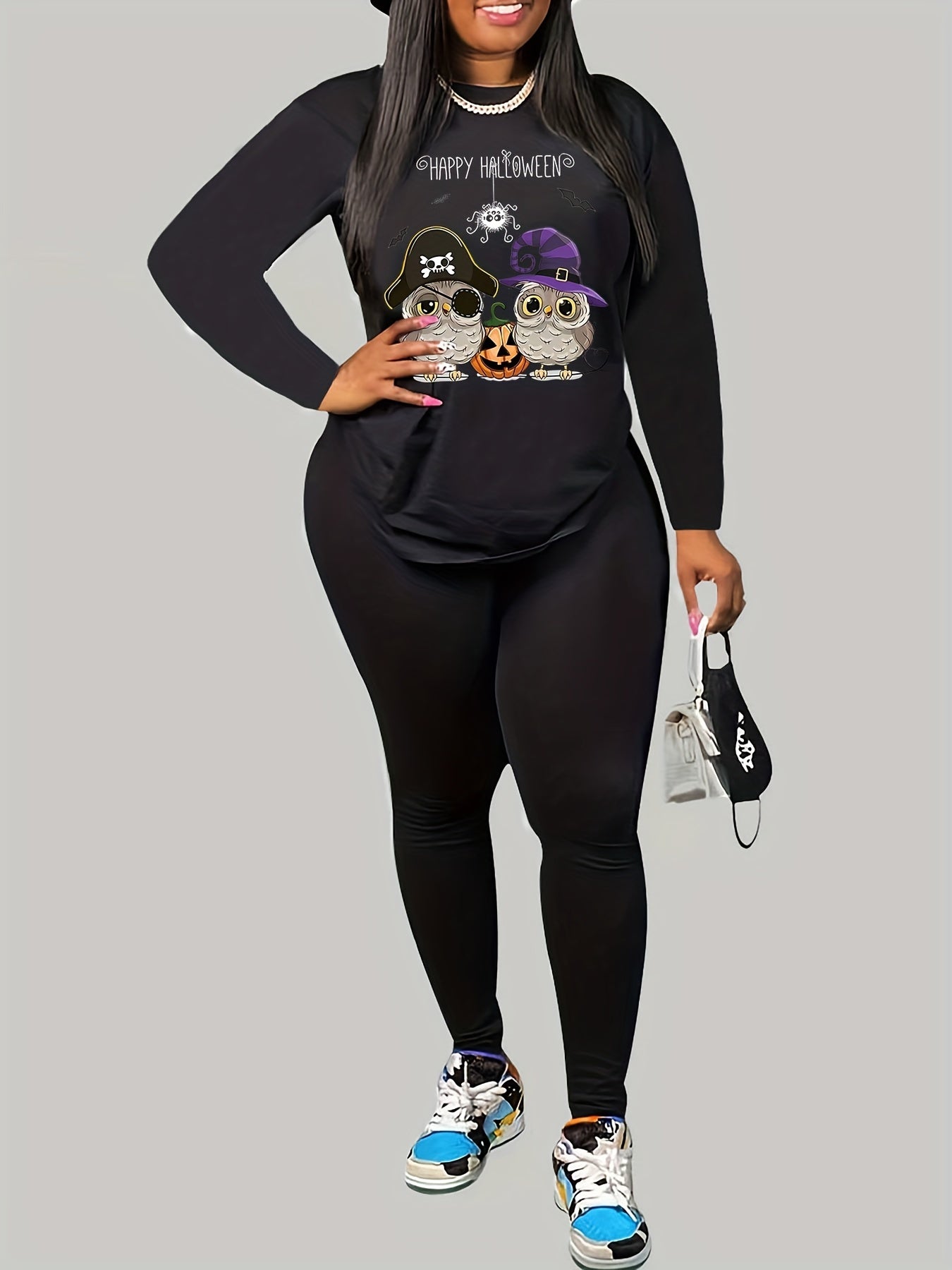 Halloween Owl & Pumpkin Print Two Piece Set
