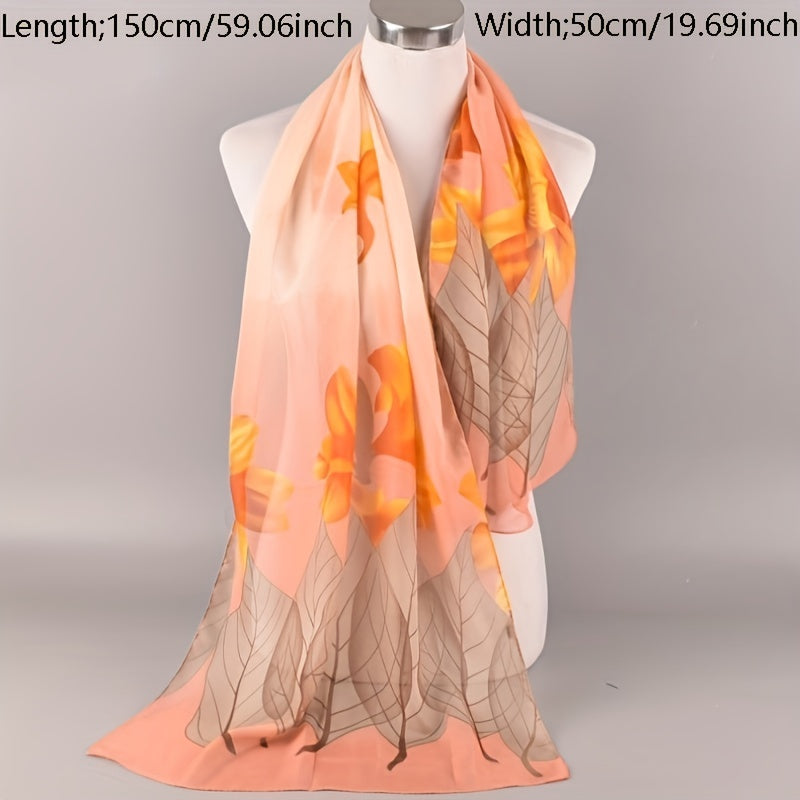 Leaf Flower Print Chiffon Scarf Gradient Sunscreen Travel Beach Towel