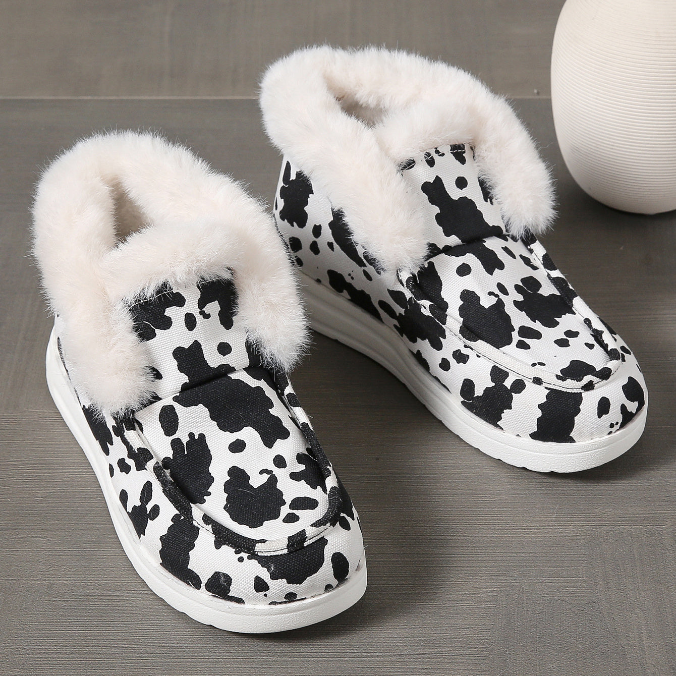 Cow Print Snow Boots Warm Plush Lined Slip On Flat Shoes