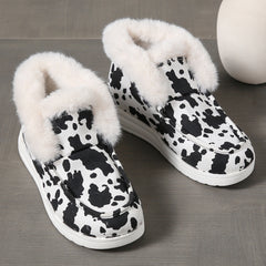 Cow Print Snow Boots Warm Plush Lined Slip On Flat Shoes