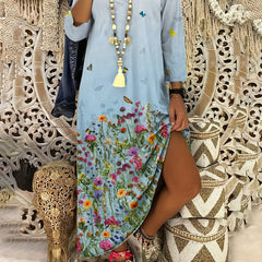 Floral & Butterfly Print Long Sleeve V Neck Maxi Dress
