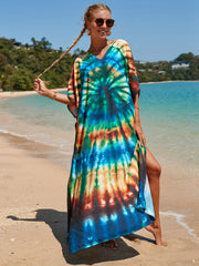 Boho Cover Up Women's Plus Tie Dye Bat Sleeve V Neck Split Loose Beach