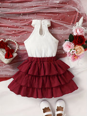 2pcs Baby Girls Lace Halter Top & Bowknot Skirt Set