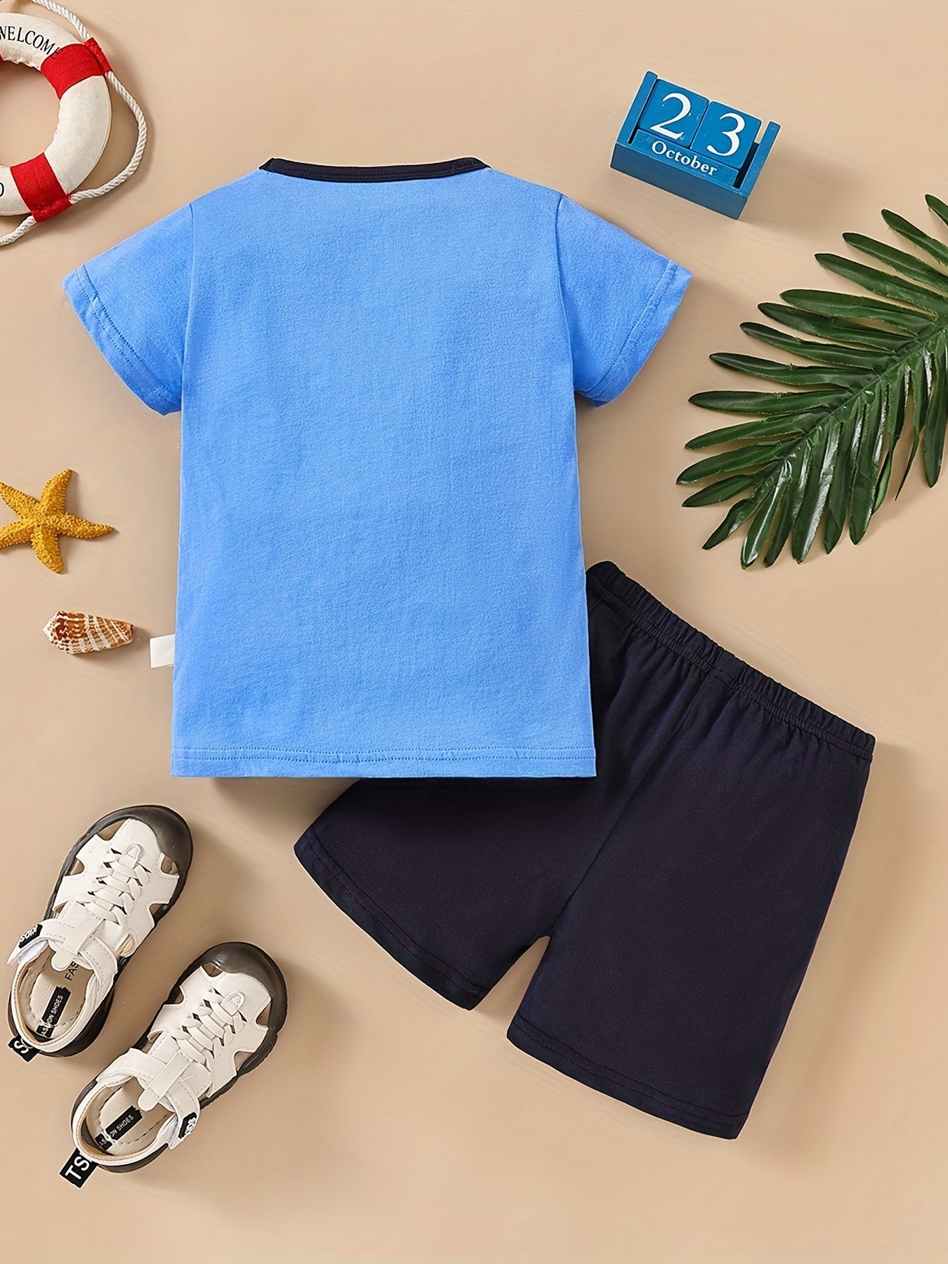 Boys Shark Casual Outfit Round Neck T shirt & Shorts Kids Summer Clothes Sets