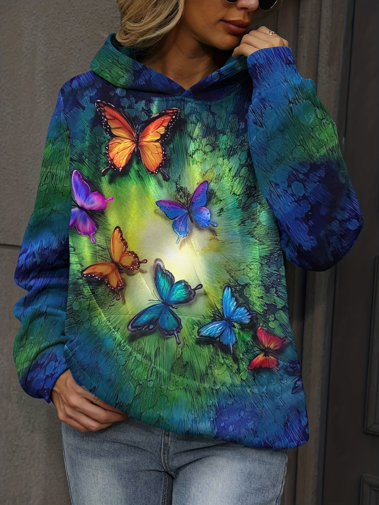 Butterfly Print Kangaroo Pocket Hoodie Long Sleeve Sweatshirt