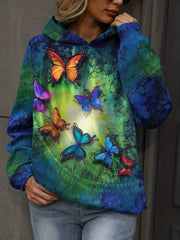 Butterfly Print Kangaroo Pocket Hoodie Long Sleeve Sweatshirt