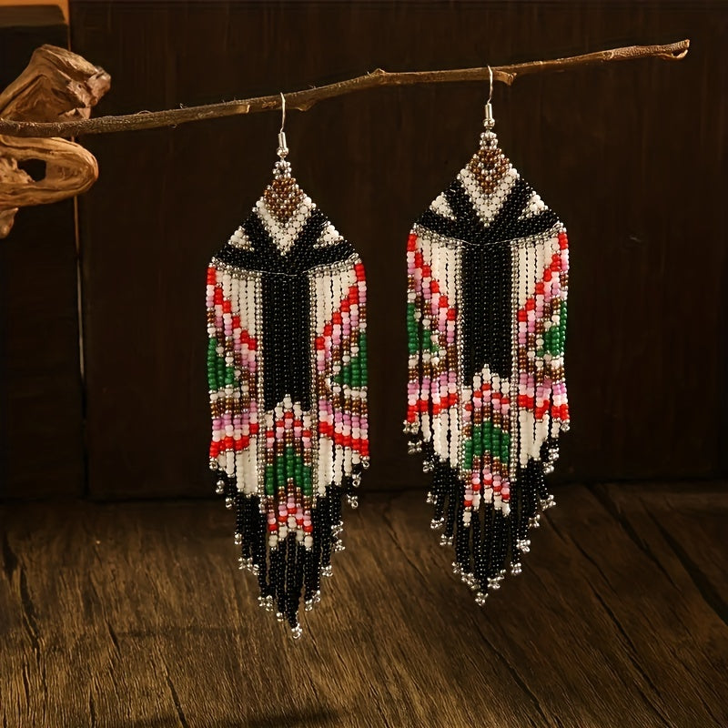 Long Beaded Tassel Earrings Bohemian Style Fringe Drop Earrings