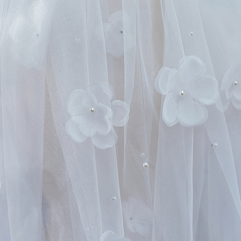 Puffy Headdress Lace Bridal Veil with Comb Satin Bowknot Veil