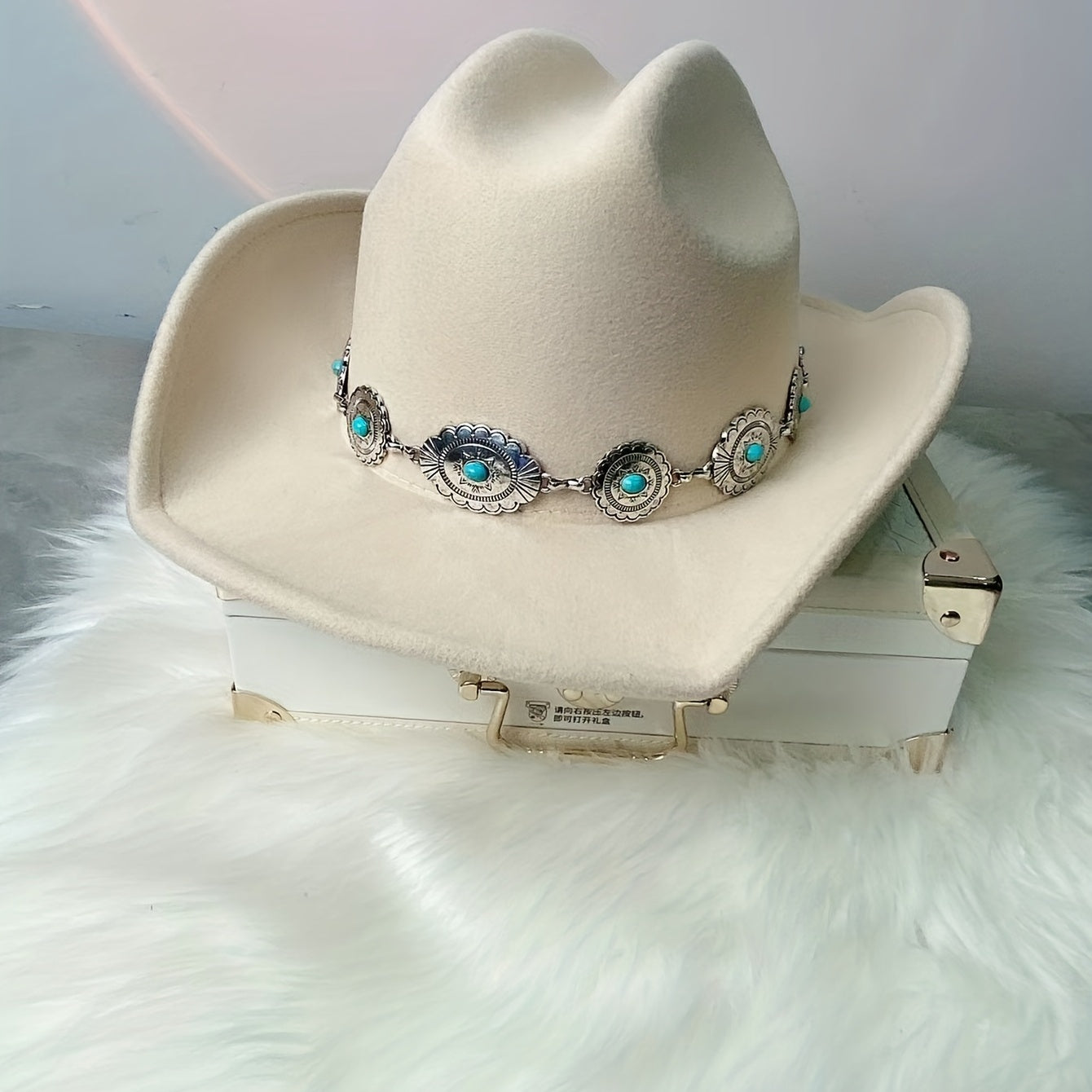 Boho Turquoise Chain Fedora Cap Vintage Solid Jazz Hat Unisex