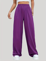 Solid Color Wide Leg Pants Elastic Waist Casual Stylish Trousers