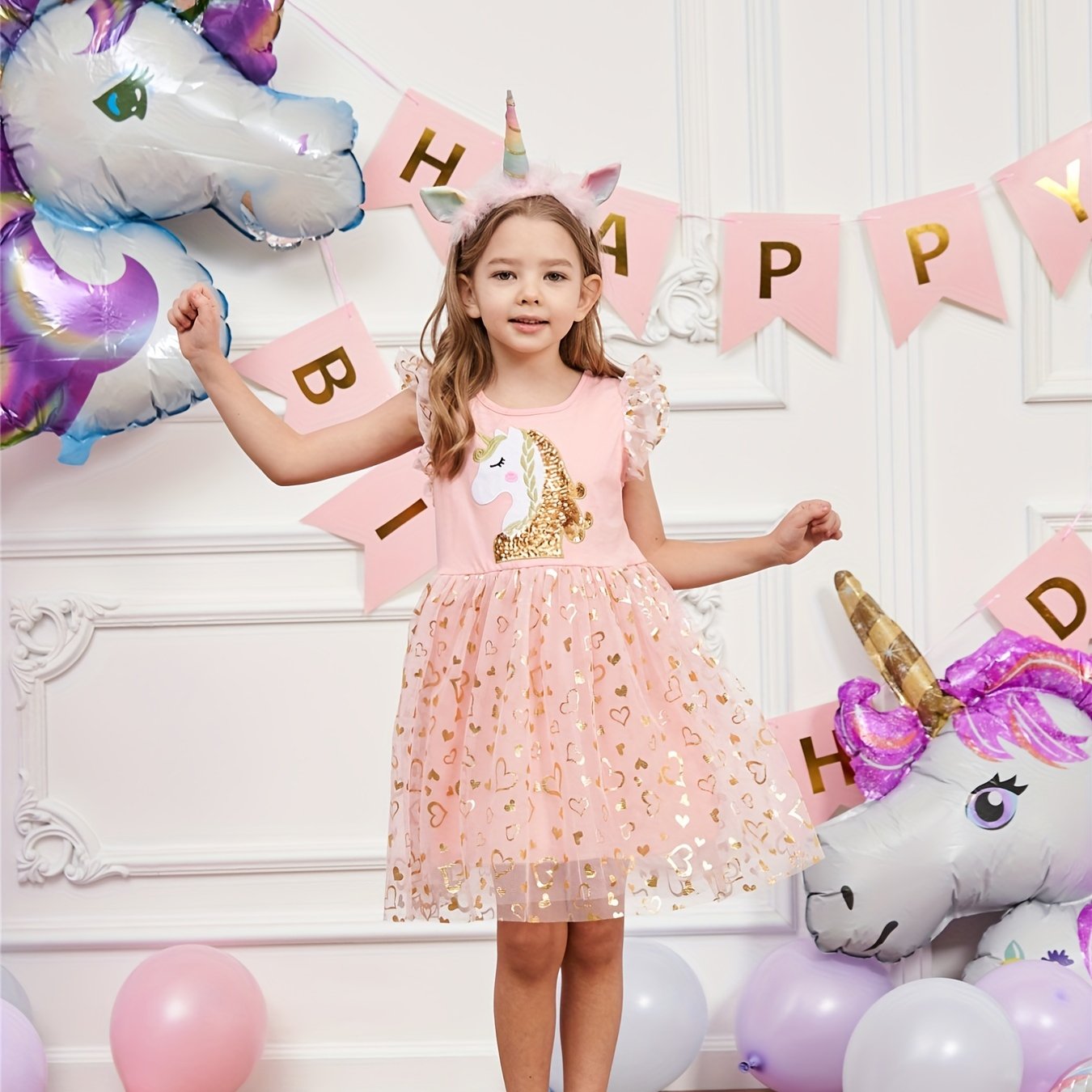 Girls Unicorn Embroidery Heart Patchwork Dress
