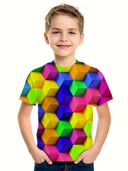 Boys 3D Cube Graphic T Shirt Active Stretchy Perfect Summer Outing