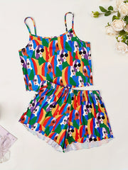 Figure Print Pajama Set Crew Neck Cami Top & Elastic Waistband Shorts