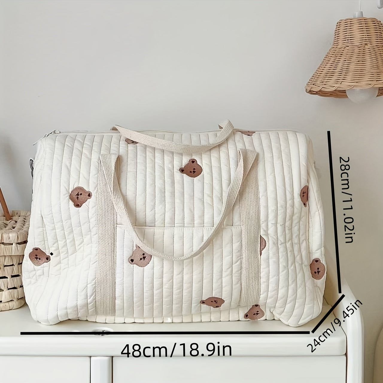 Quilted Parent Bag with Bear Embroidery Durable Polyester Lightweight Duffel