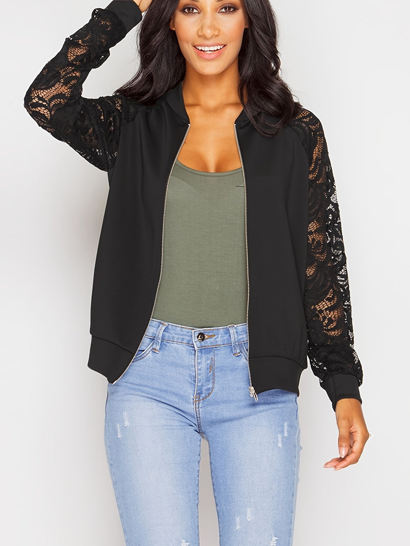 Lace Sleeve Jacket with Zipper Up Closure