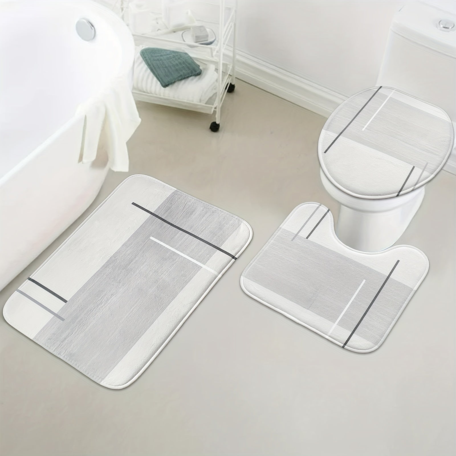 4 Piece Abstract Shower Curtain Set with Non Slip Mat, Lid Cover & 12 Hooks