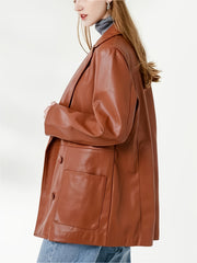 PU Leather Double Breasted Blazer Long Sleeve Lapel