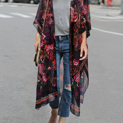 Floral Cover Up Shirt V Neck Semi Sheer Loose Fit Beach