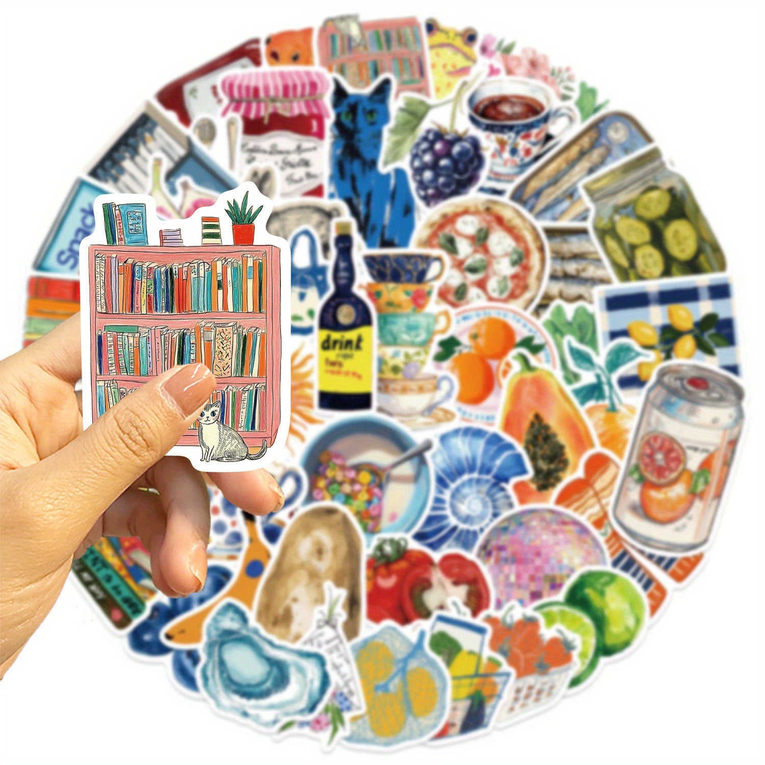100pcs Mediterranean Food & Sea Life Cartoon Stickers Reusable Vinyl Decals