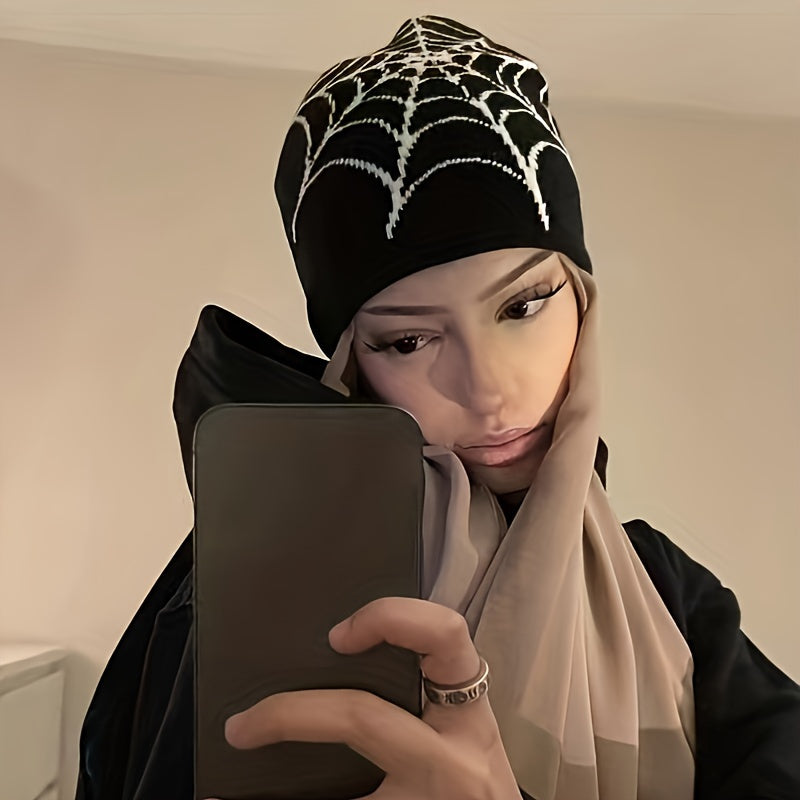 Y2K Winter Warm Beanie Hat with Spider Web Pattern