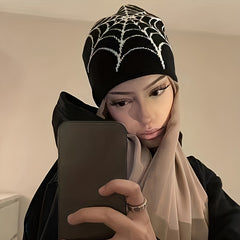 Y2K Winter Warm Beanie Hat with Spider Web Pattern