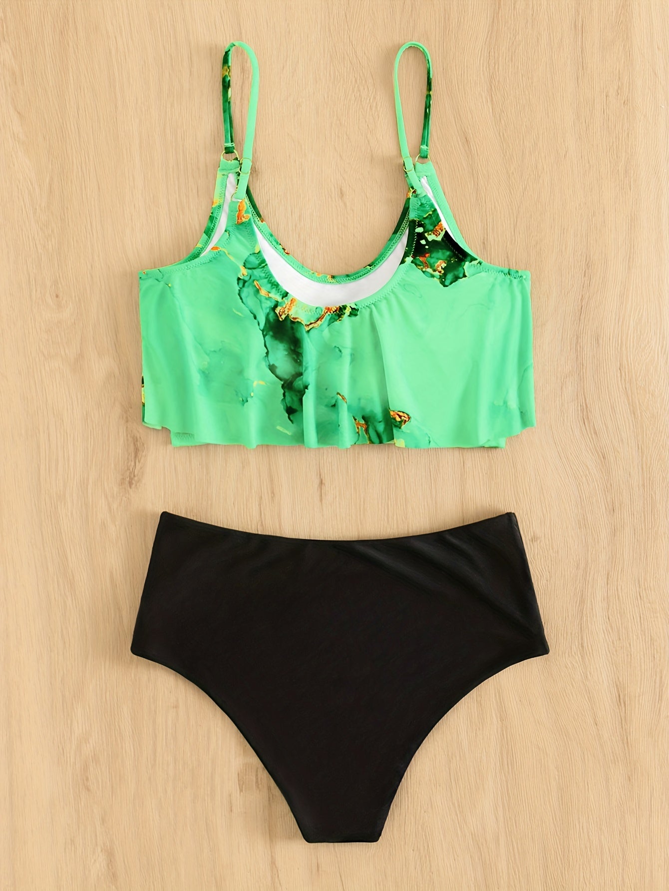 Marble Print 2 Piece Bikini Swimsuit Ruffle Stretchy Women's Swimwear