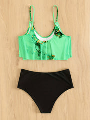 Marble Print 2 Piece Bikini Swimsuit Ruffle Stretchy Women's Swimwear
