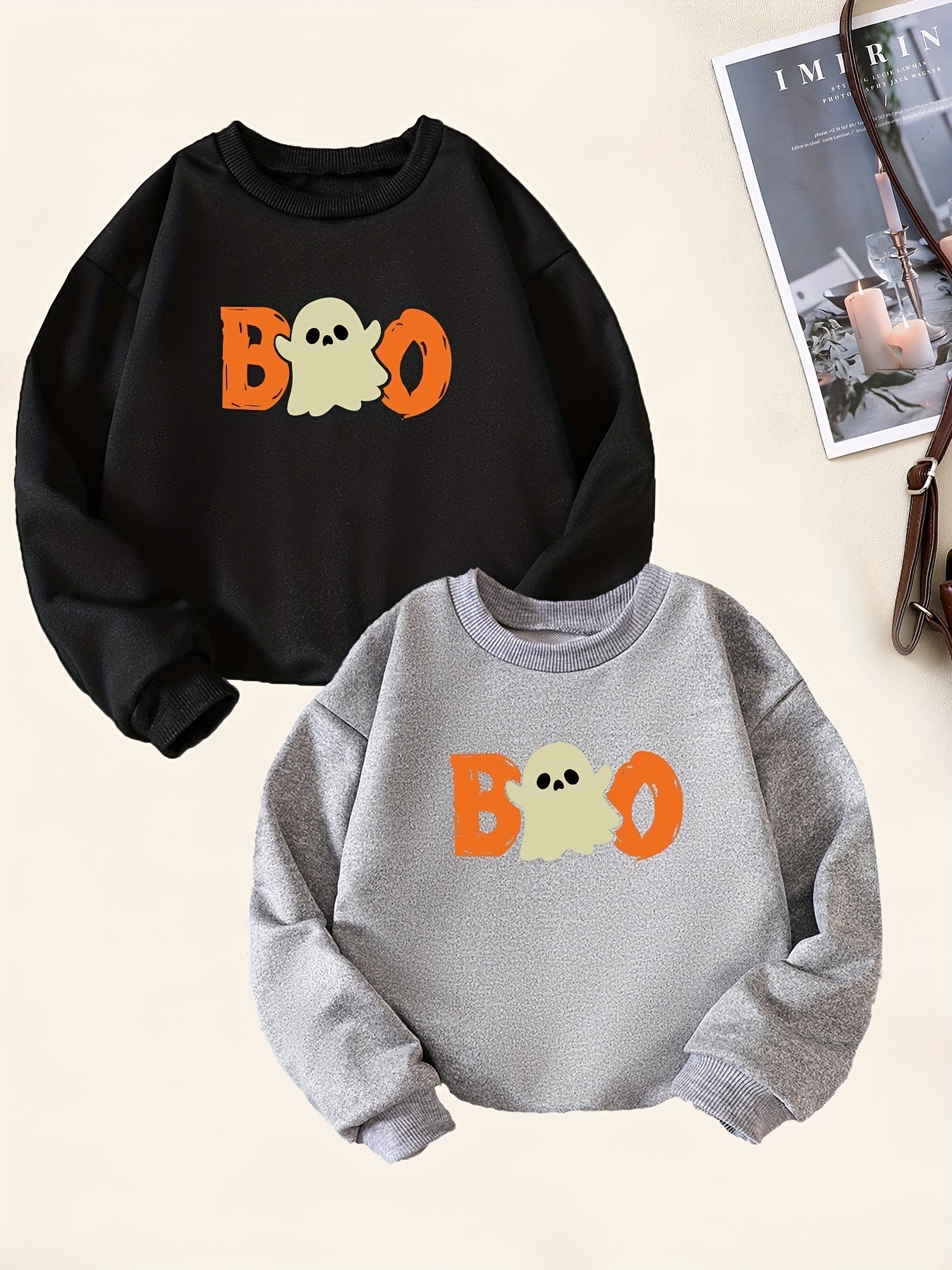 2pcs Boo Print Sweatshirt For Boys Casual Graphic Stretch Fabric Autumn Winter