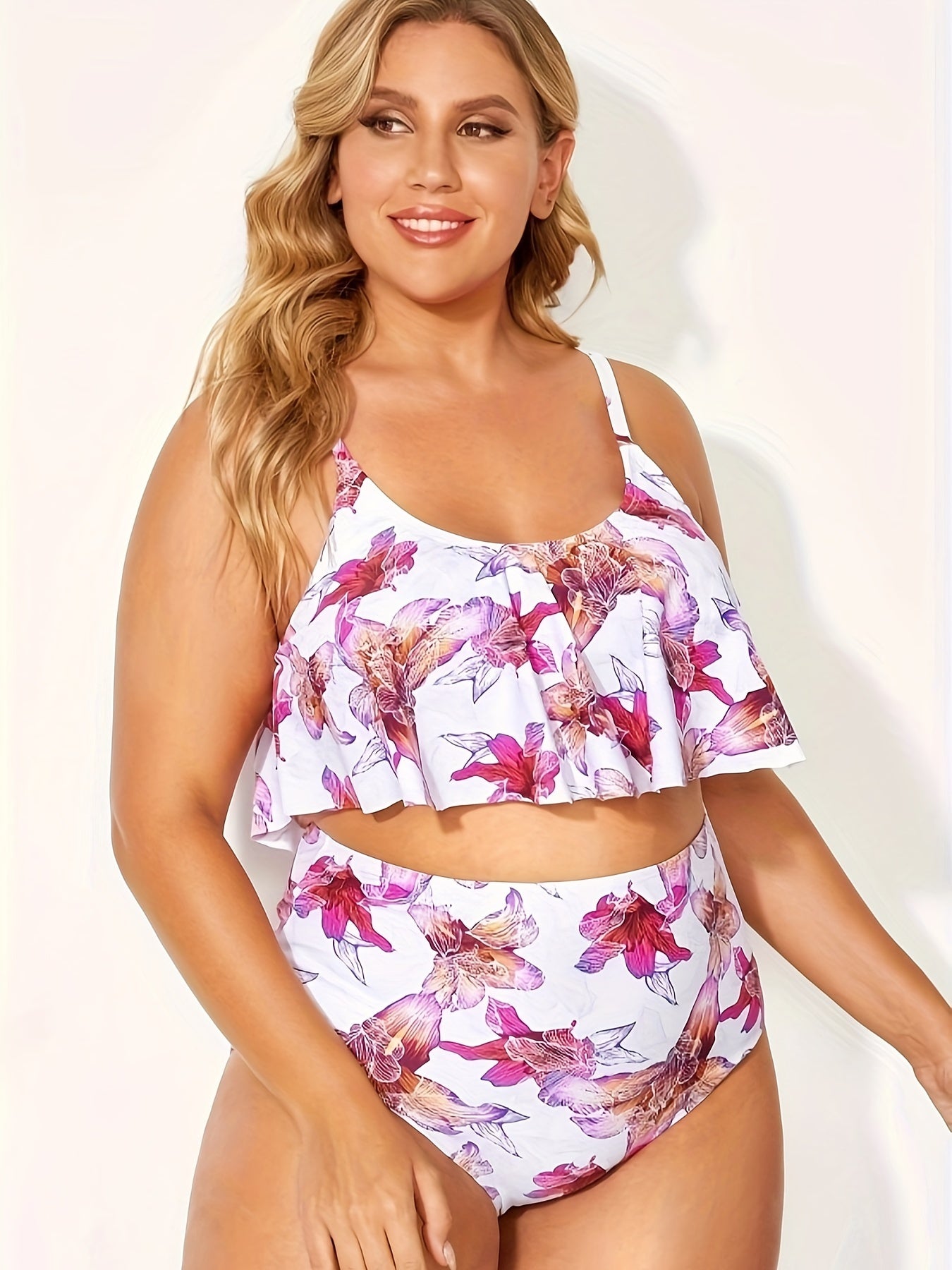 Floral Print Ruffle Trim Tankini Set Plus Size
