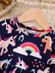 Baby Girls Rainbow Unicorn Print Long Sleeve Dress