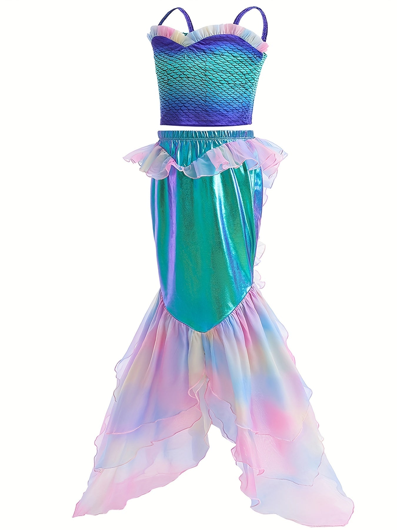 Girls Mermaid Set Cami Top & Fishtail Skirt Fish Scale Print Beach Party Costume